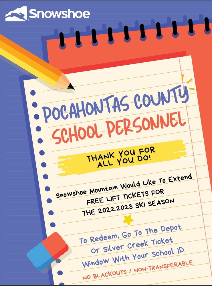Free Lift Tickets for Employees of Pocahontas County Schools Marlinton Middle School